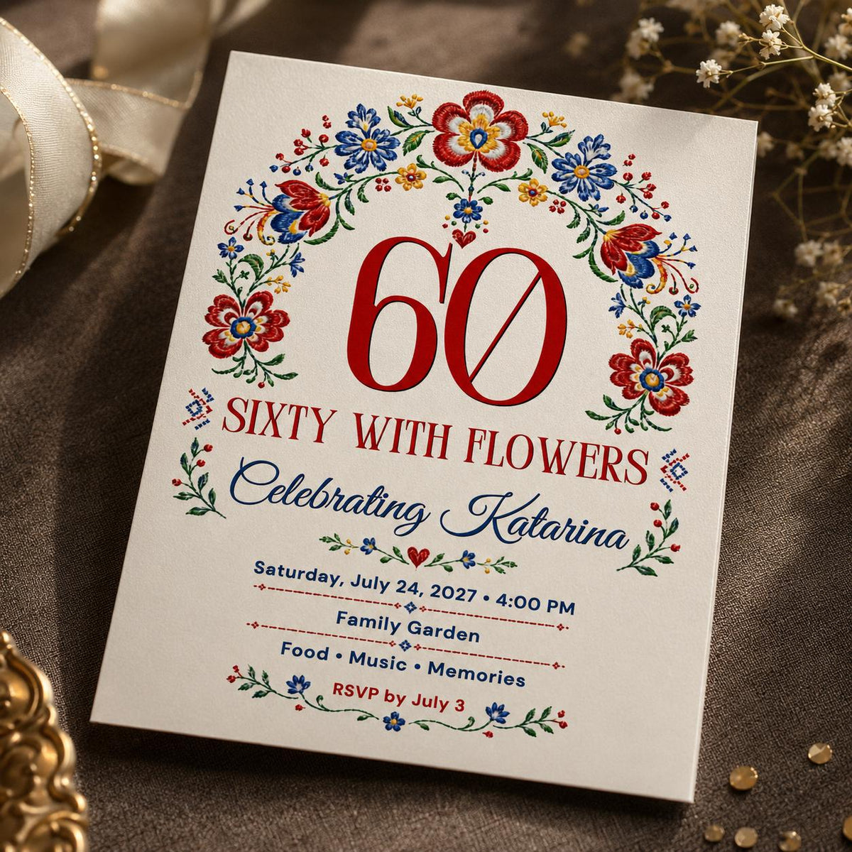Blue and Red 60th Birthday Invitation for Women — print-ready 60th birthday party design from VoltBy