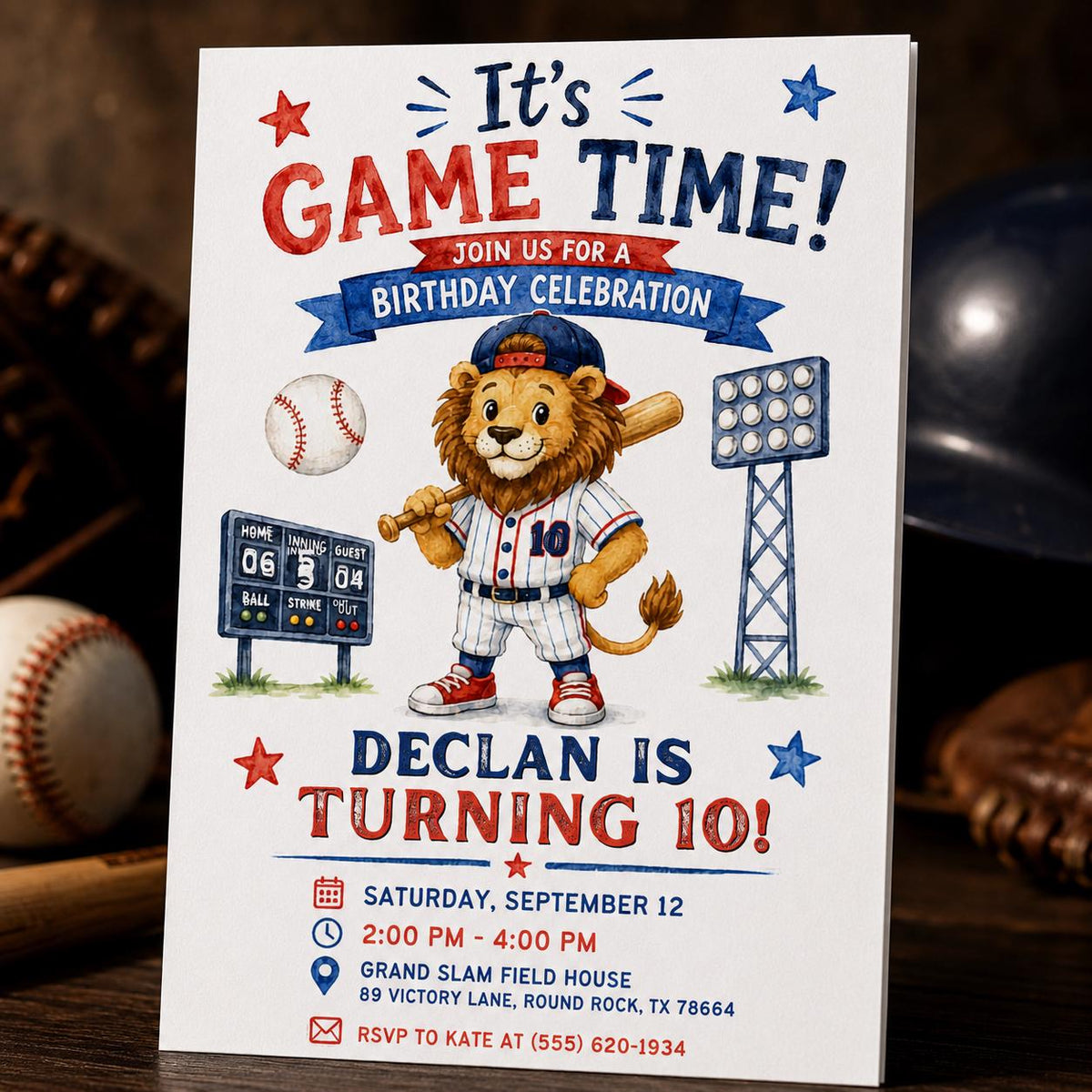 Blue and Red Baseball 10th Birthday Invitation for Boy — digital invitation, instant download