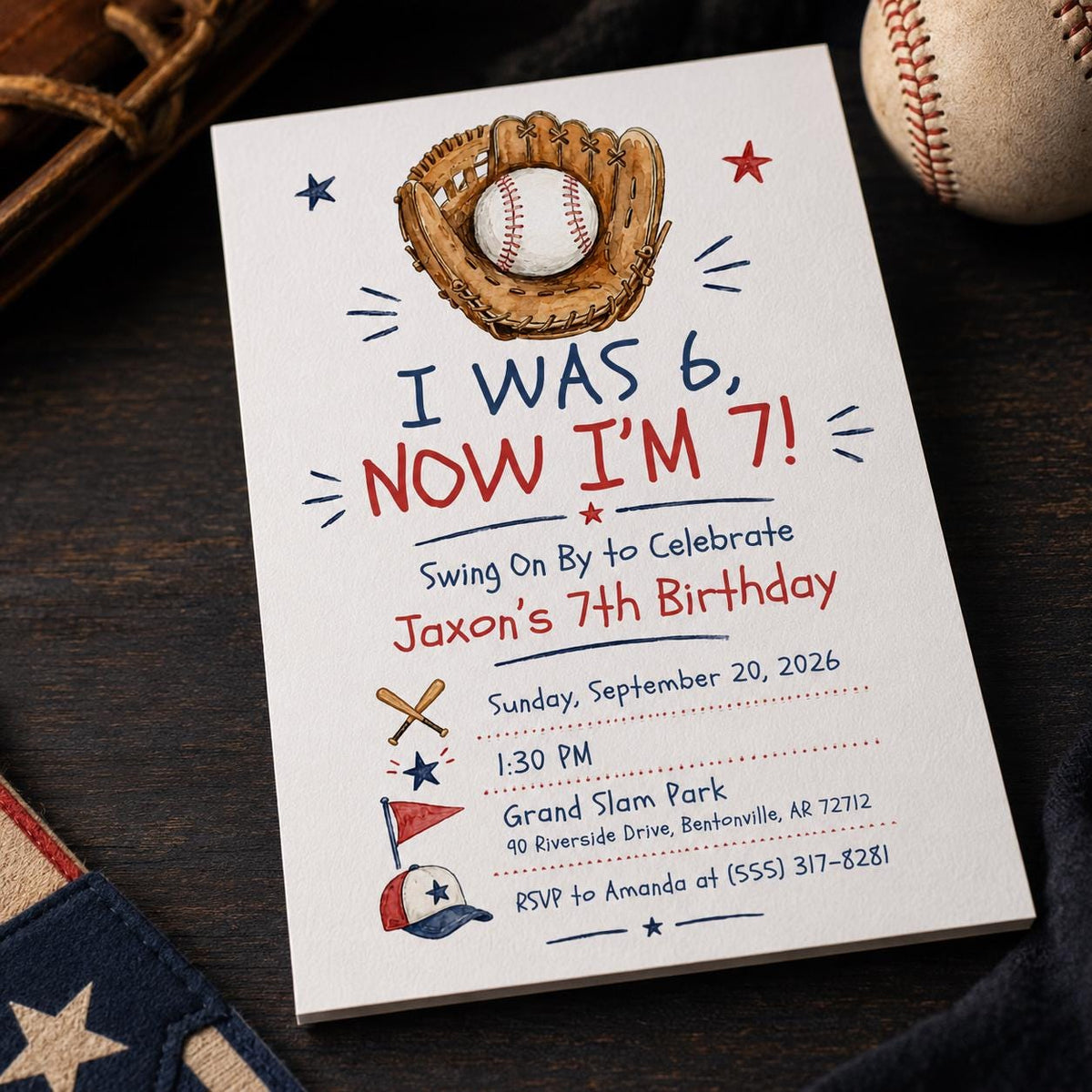 Blue and Red Baseball 7th Birthday Invitation — digital invitation, instant download