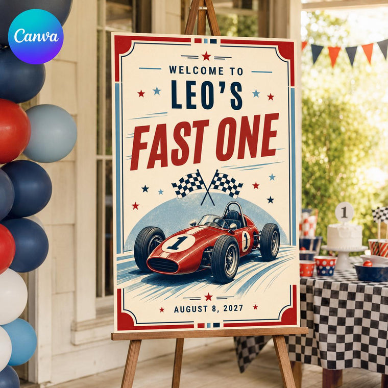 Blue and Red Fast One Birthday Welcome Sign