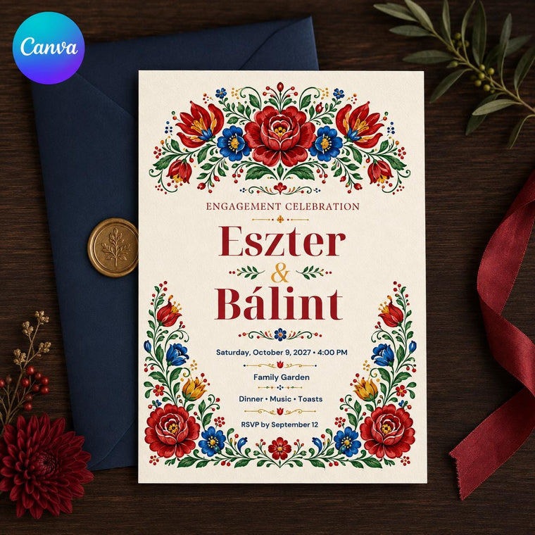 Blue and Red Hungarian Folk Engagement Invitation