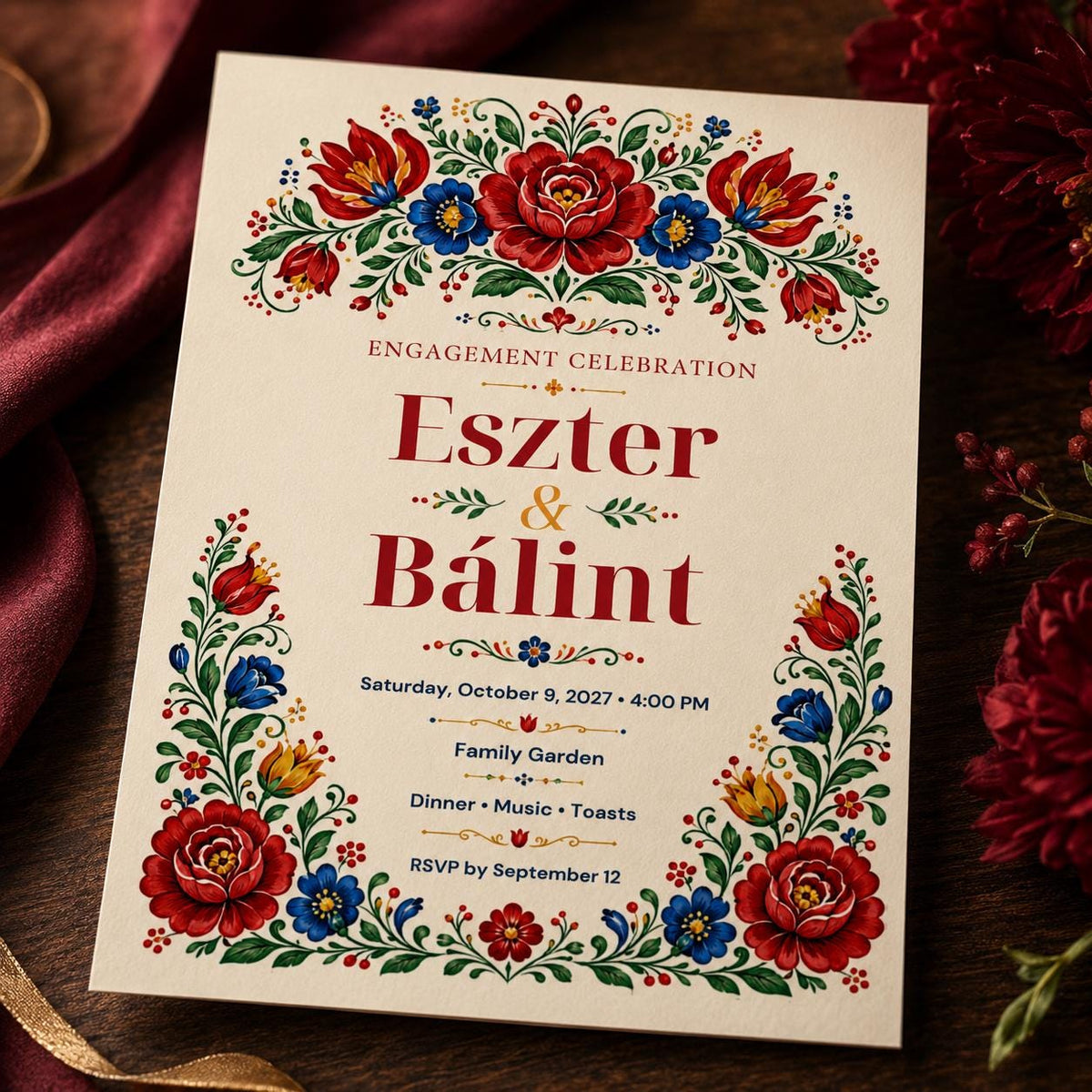 Blue and Red Hungarian Folk Engagement Invitation — print-ready engagement party design from VoltBy