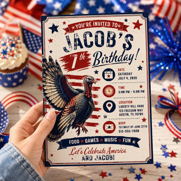 Blue and Red Patriotic 12th Birthday Invitation for Boys