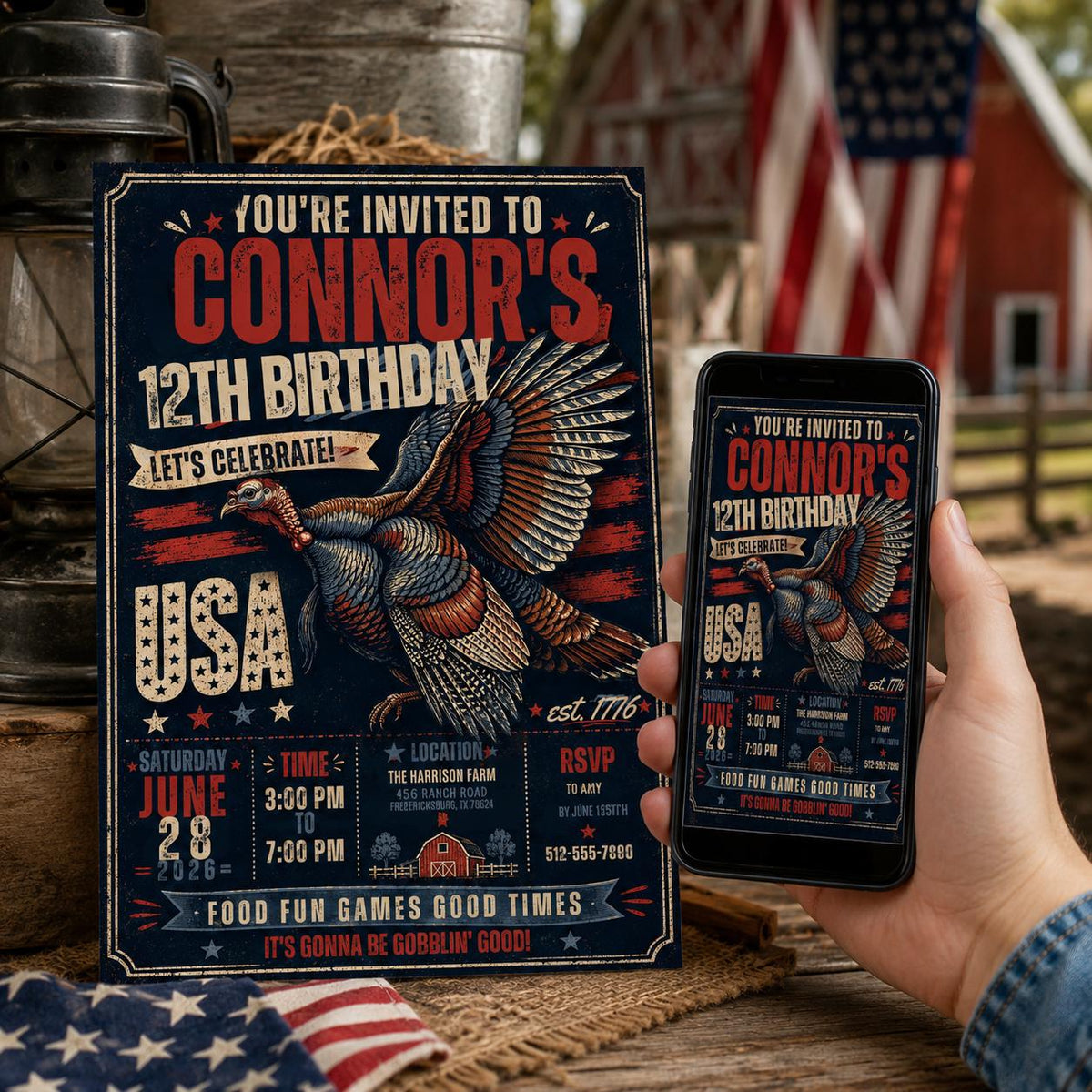 Blue and Red Patriotic 7th Birthday Invitation for Boys — print-ready 7th birthday party design from VoltBy