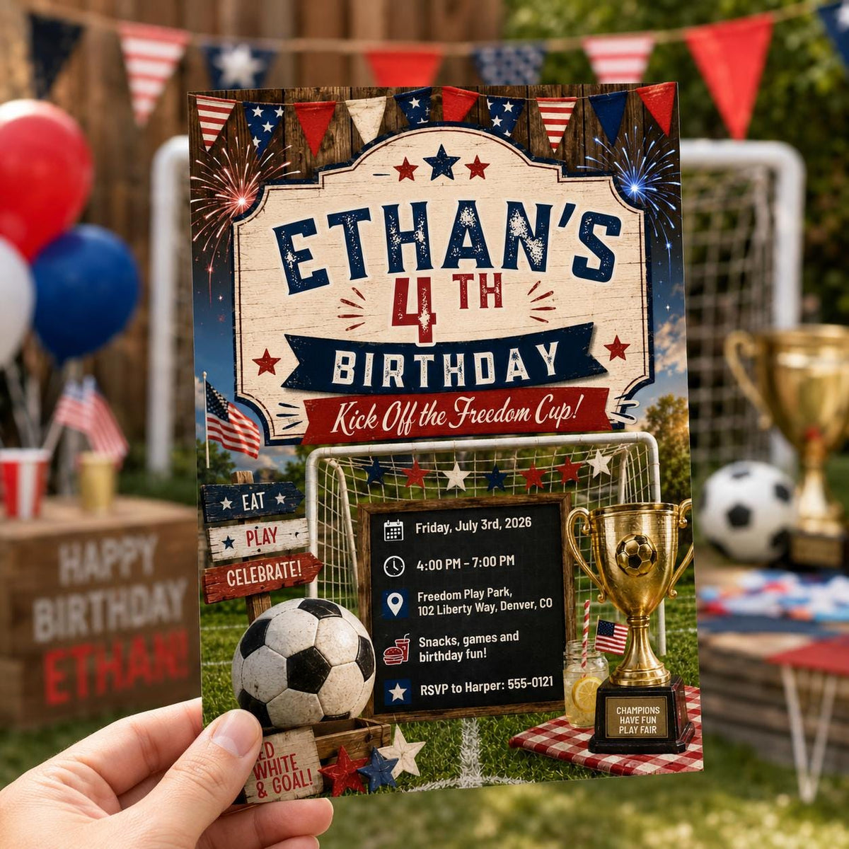 Blue and Red Patriotic Soccer 4th Birthday Invitation — 4th birthday party stationery by VoltBy