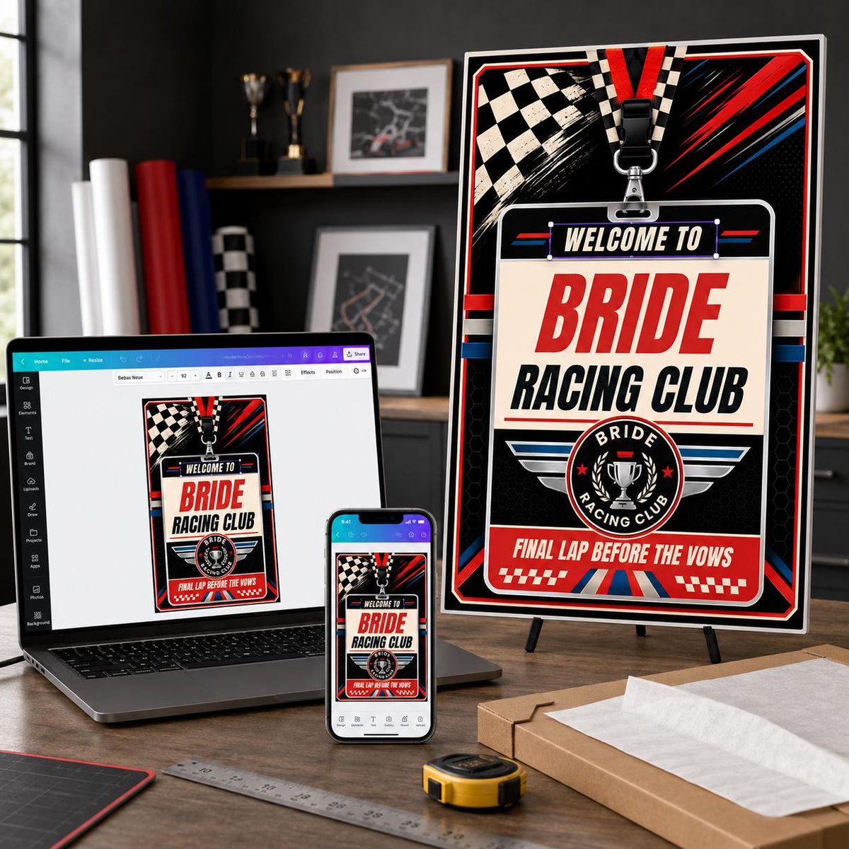 Blue and Red Racing Bridal Shower Welcome Sign — print-ready bridal shower design from VoltBy