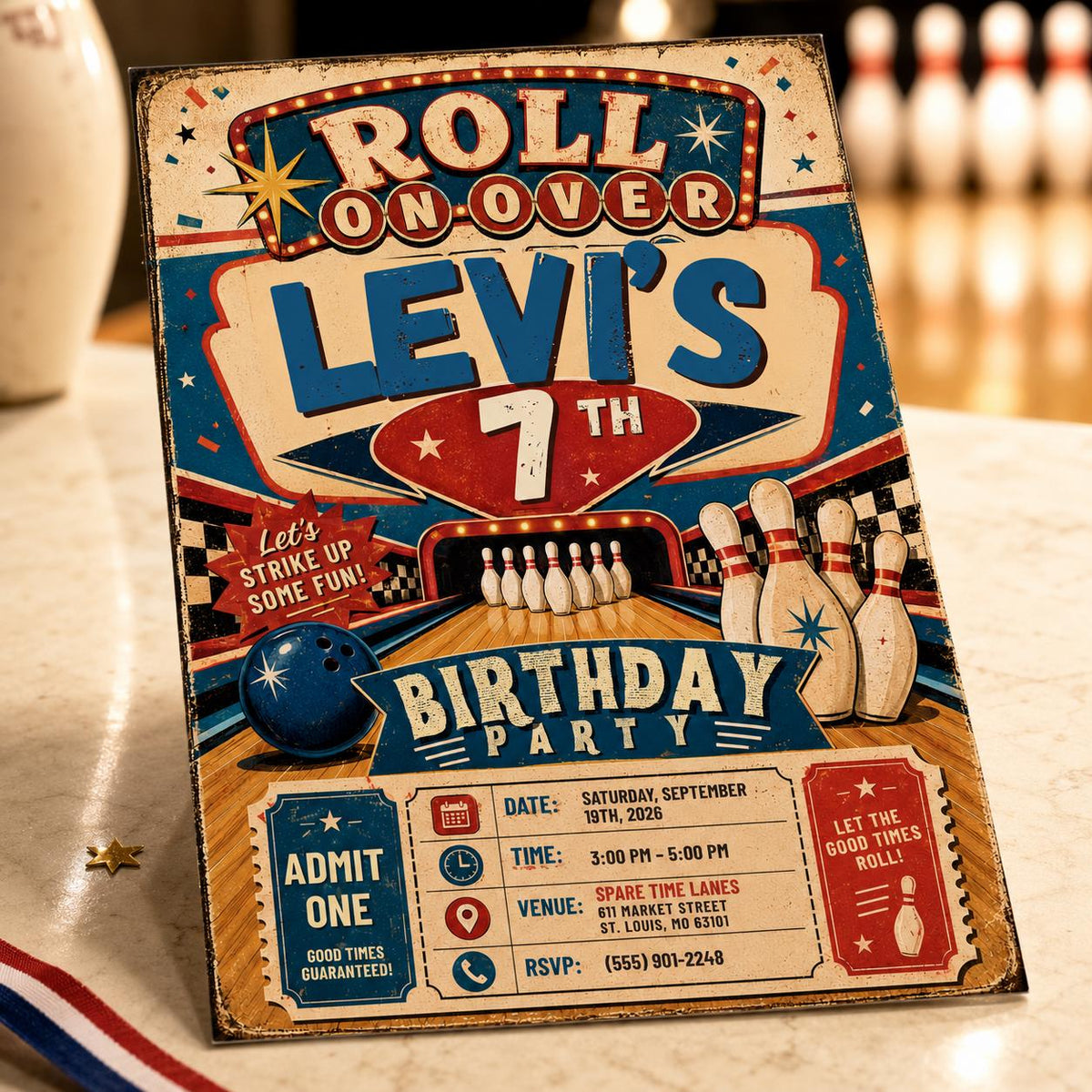 Blue and Red Retro Bowling 7th Birthday Invitation — digital invitation, instant download