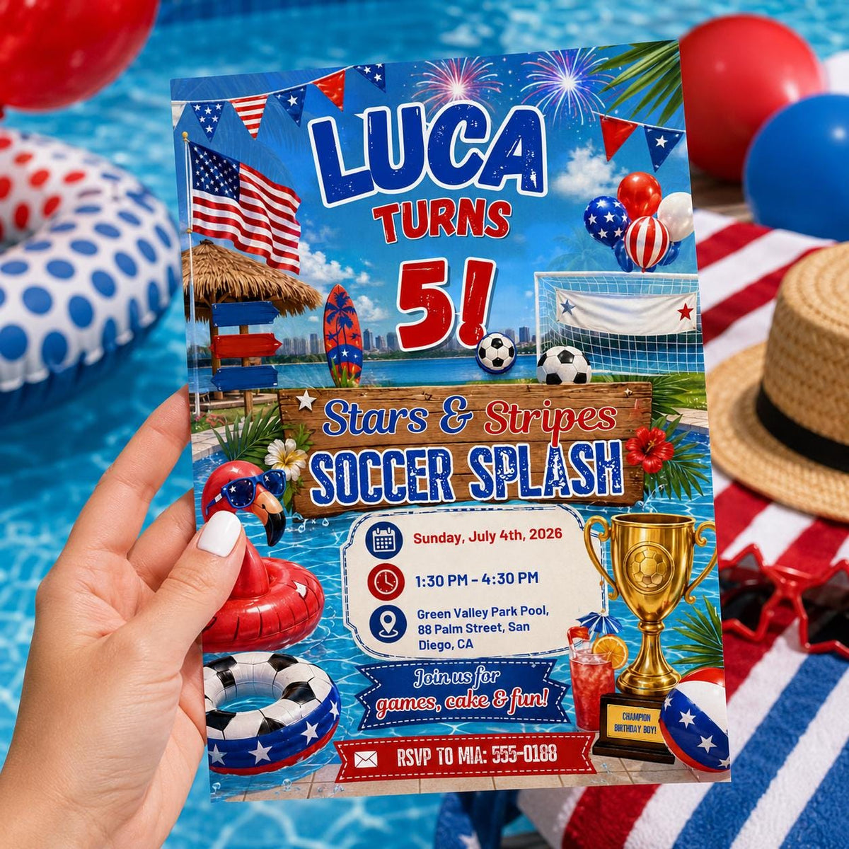 Blue and Red Stars And Stripes Soccer Splash 5th Birthday Invitation — digital invitation, instant download