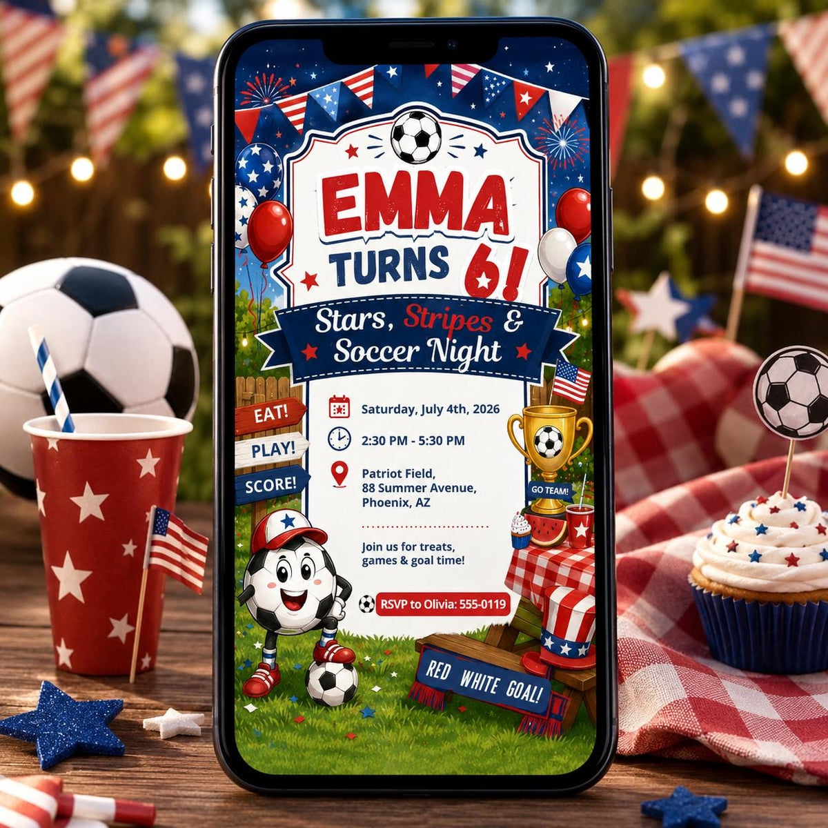 Blue and Red Stars Stripes Soccer Night 6th Birthday Invitation — digital invitation, instant download