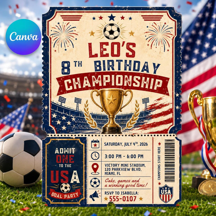Blue and Red USA Goal Party 8th Birthday Invitation for Boys