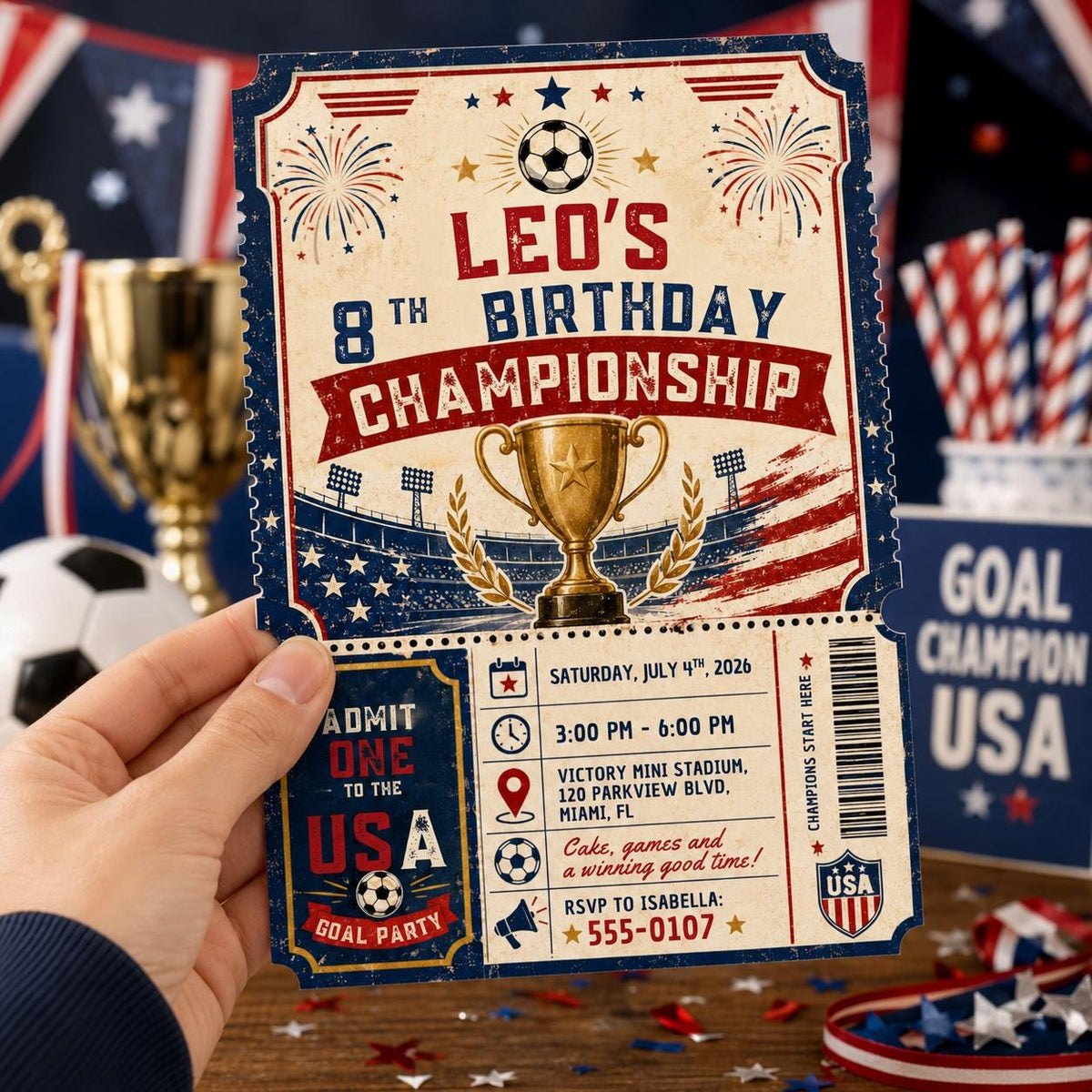 Blue and Red USA Goal Party 8th Birthday Invitation for Boys — digital invitation, instant download