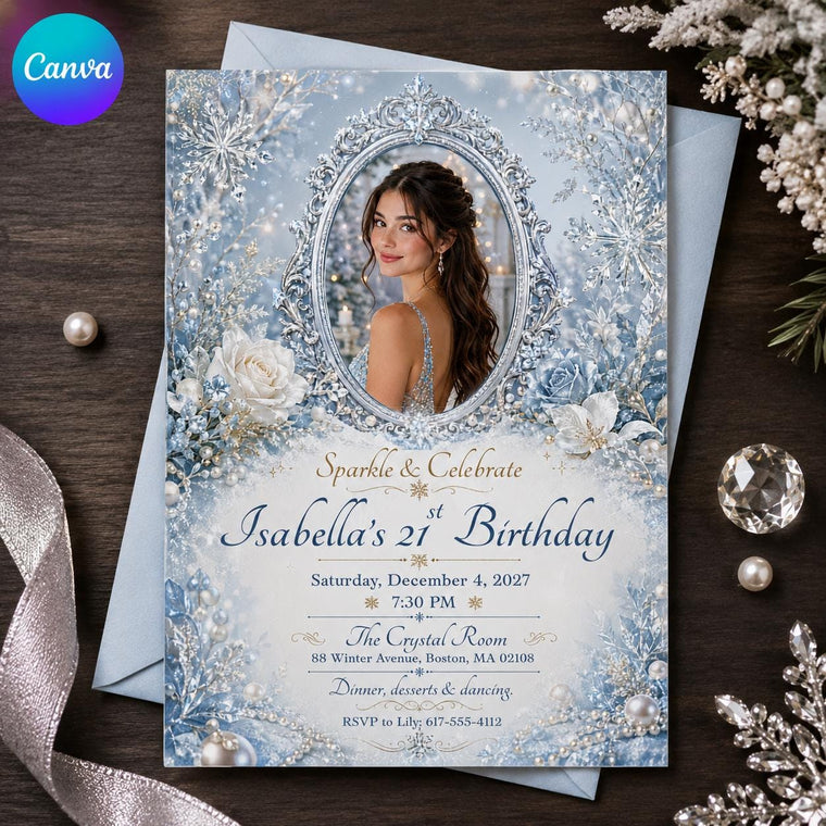 Blue and Silver 21st Birthday Invitation