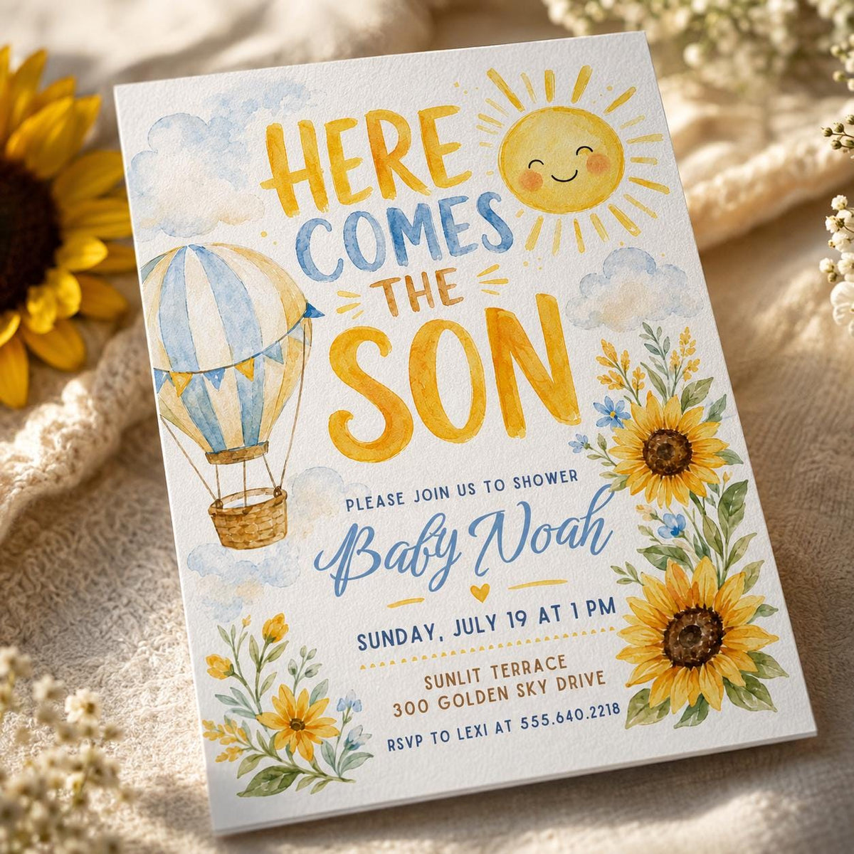 Blue and Yellow Here Comes the Son Baby Shower Invitation for Boys — print-ready baby shower design from VoltBy