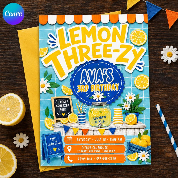 Blue and Yellow Lemon Three-zy 3rd Birthday Invitation for Girls