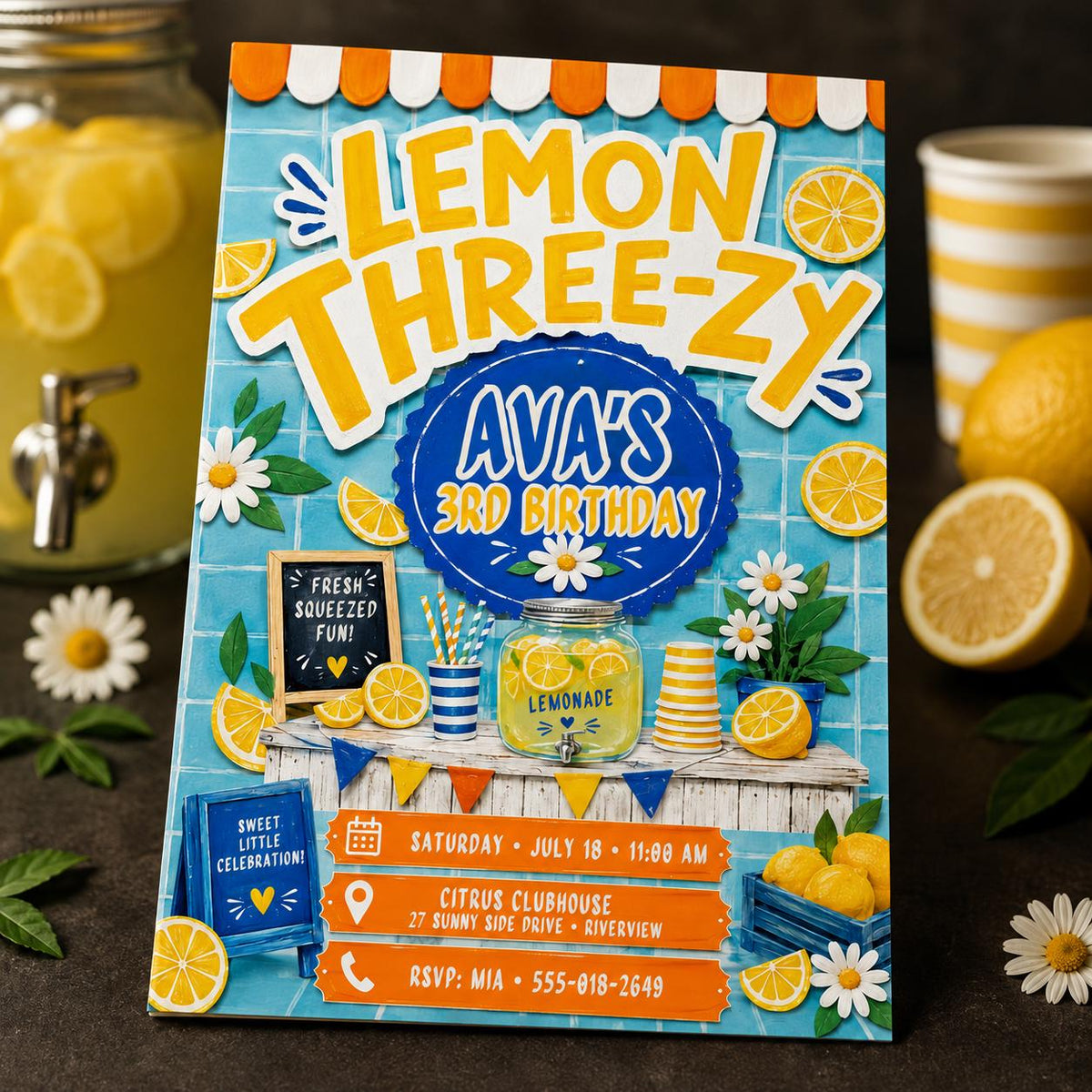 Blue and Yellow Lemon Three-zy 3rd Birthday Invitation for Girls — digital invitation, instant download
