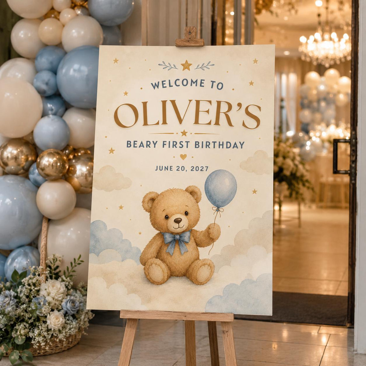 Blue Beary First Birthday Welcome Sign for Boys — digital welcome sign, instant download