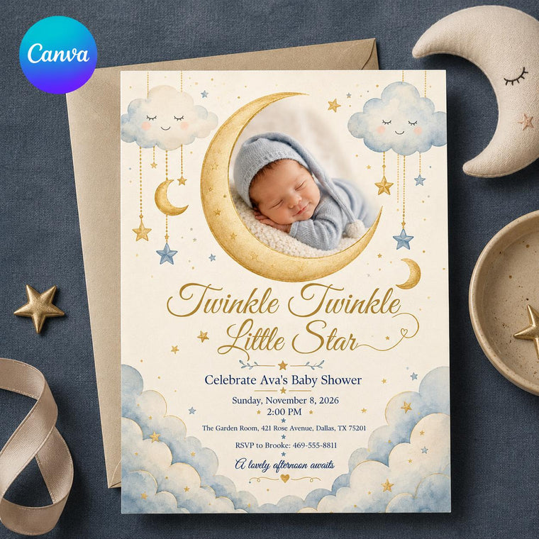 Blue Celestial Twinkle Baby Shower Invitation
