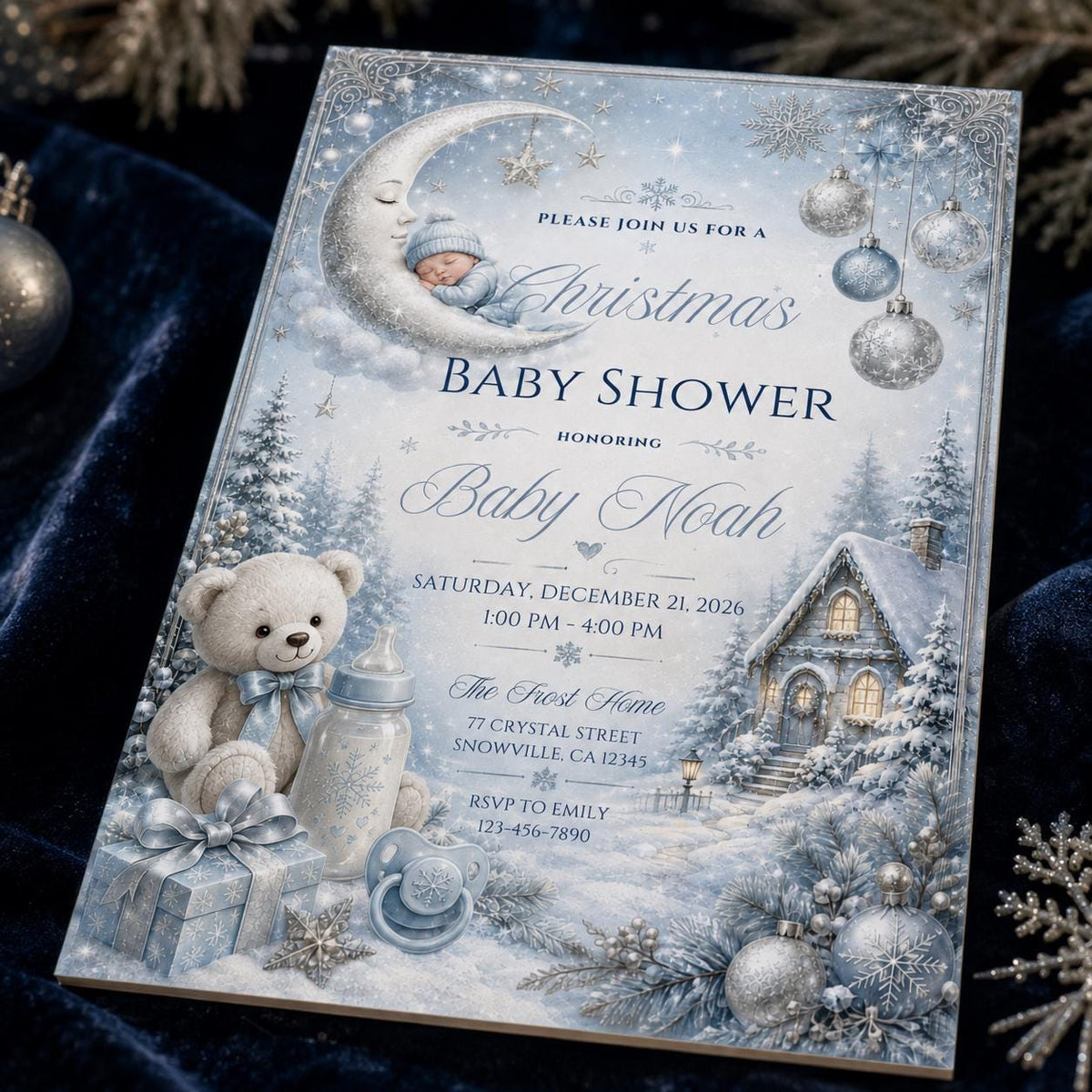 Blue Christmas Baby Shower Invitation: Blue Winter Wonderland Boy Shower — digital invitation, instant download