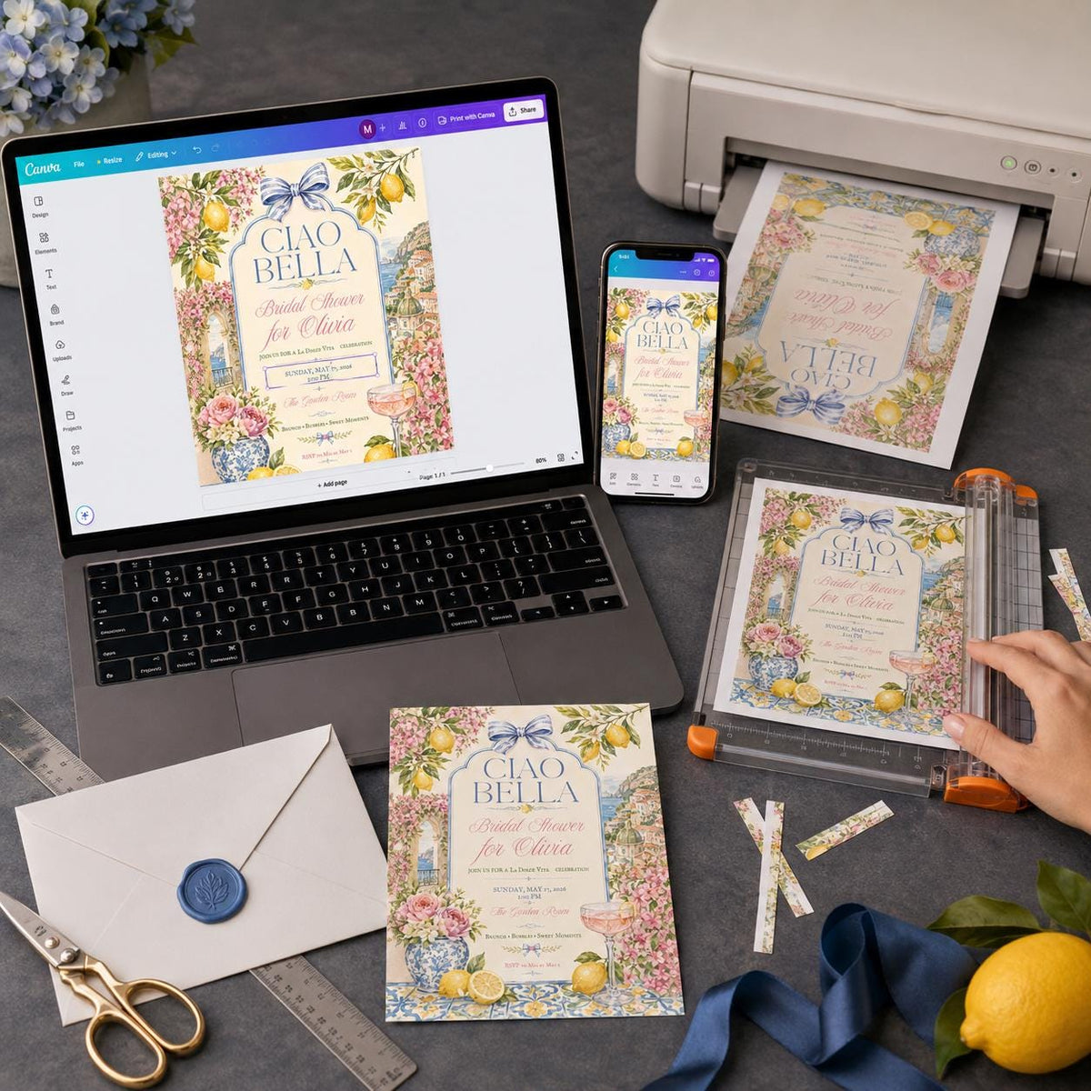 Blue Ciao Bella Bridal Shower Invitation — digital invitation, instant download