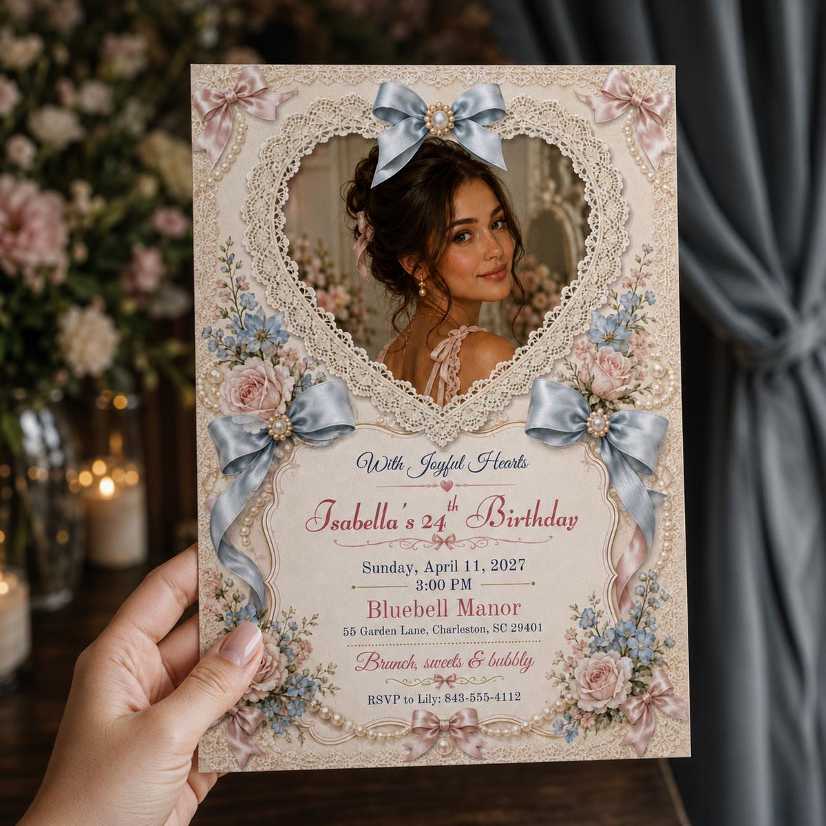 Blue Coquette 24th Birthday Invitation — digital invitation, instant download