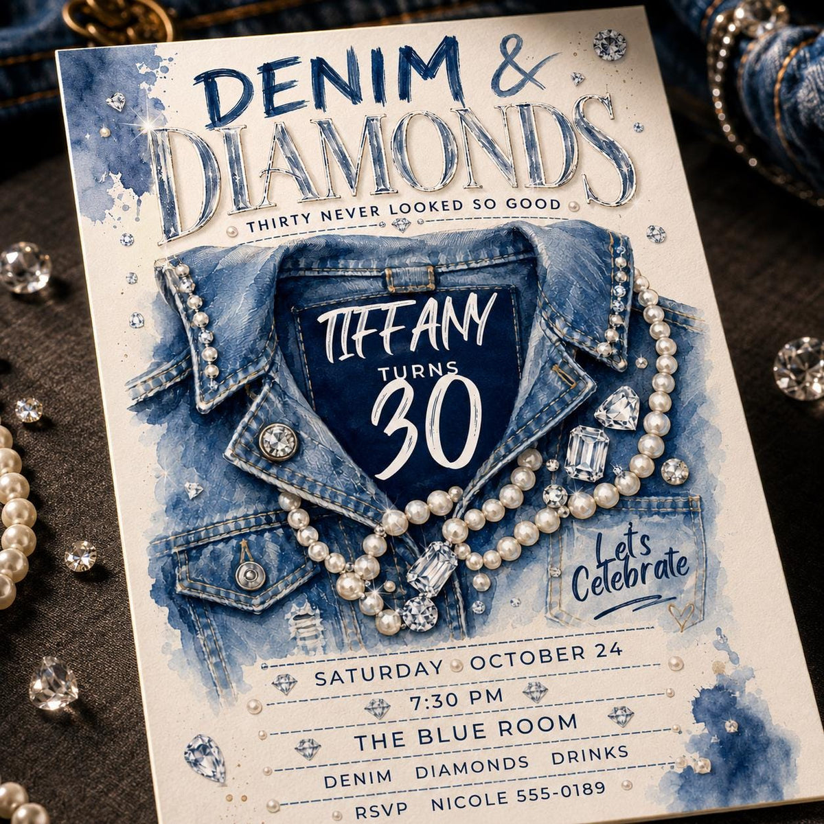 Blue Denim and Diamonds 30th Birthday Invitation — digital invitation, instant download