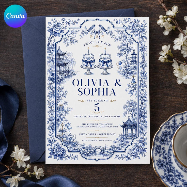 Blue Elegant Twin 5th Birthday Invitation
