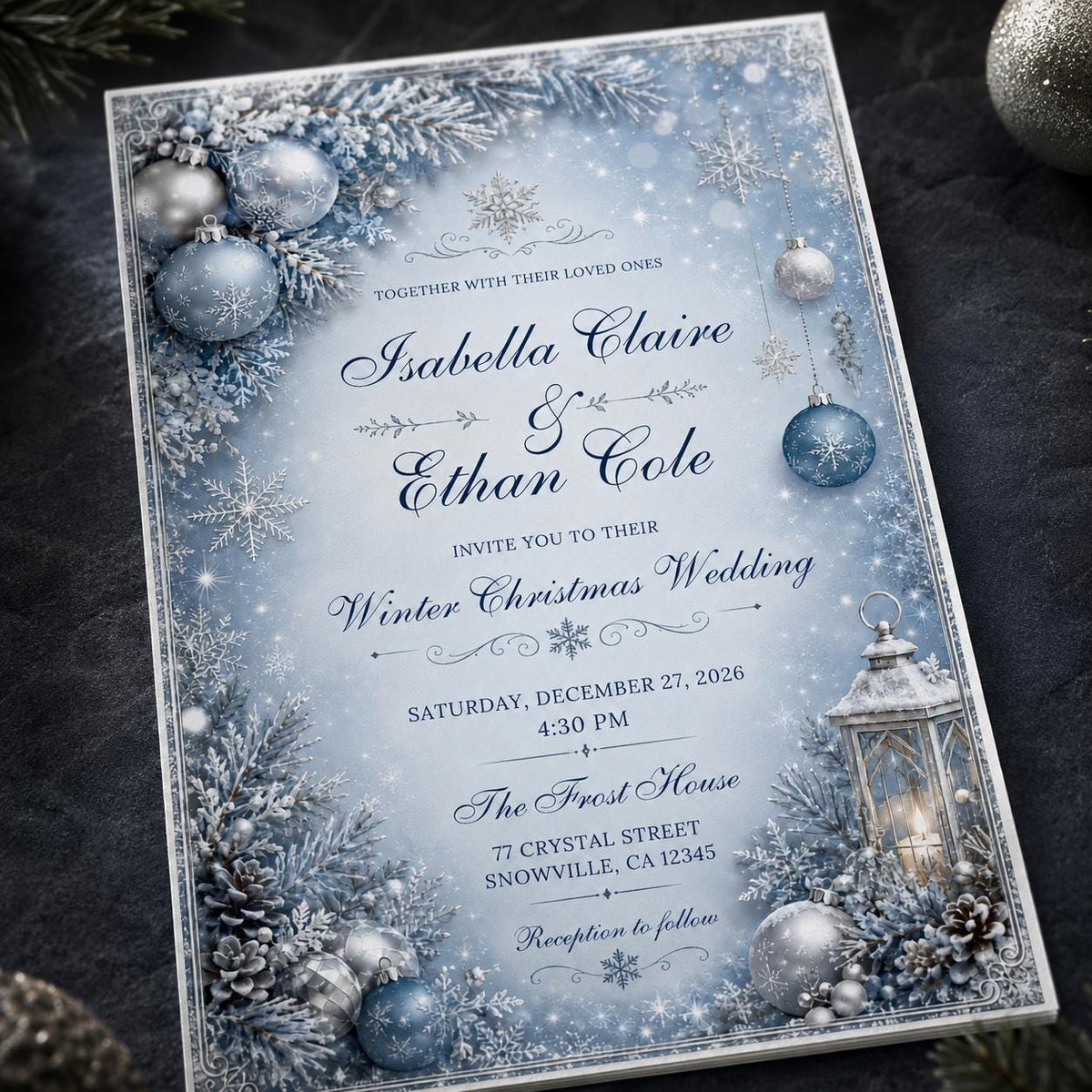 Blue Elegant Winter Wedding Invitation: Blue Snowflake Christmas Wedding — wedding stationery by VoltBy