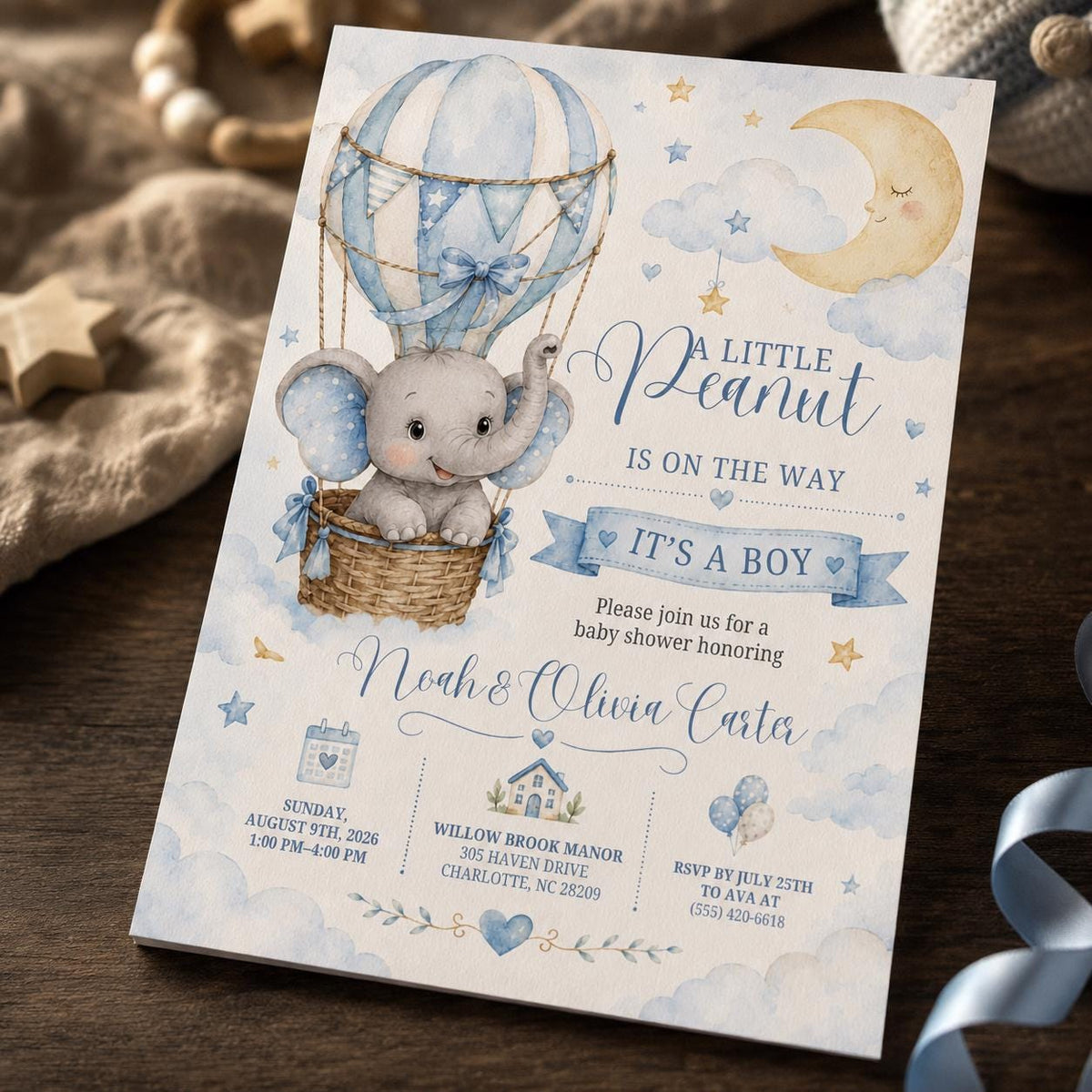 Blue Elephant Baby Shower Invitation Boy — digital invitation, instant download