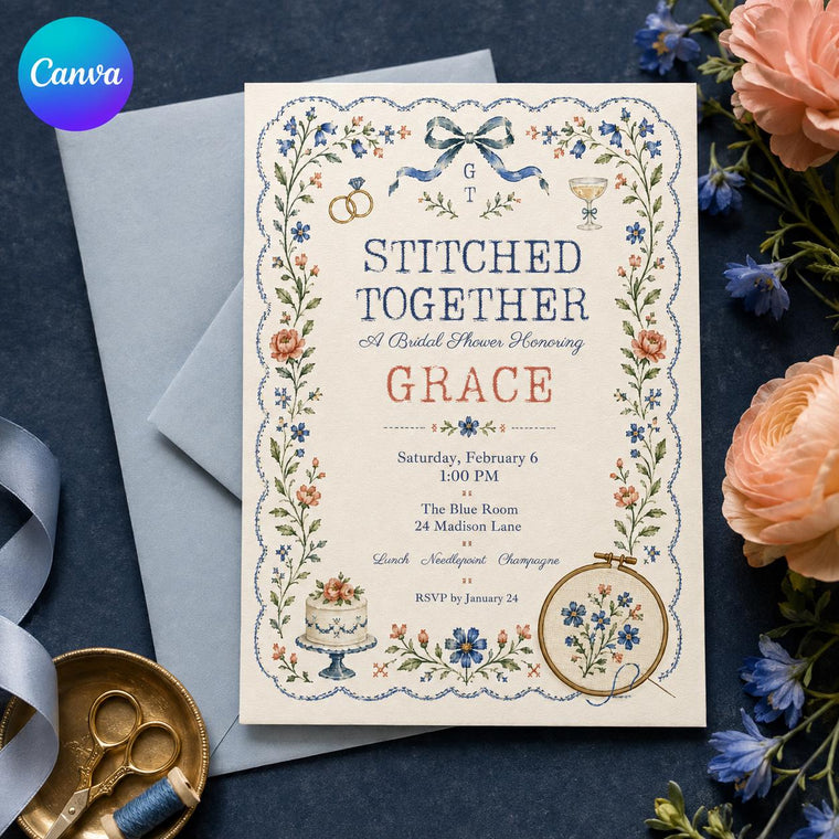 Blue Embroidery Stitched Together Bridal Shower Invitation