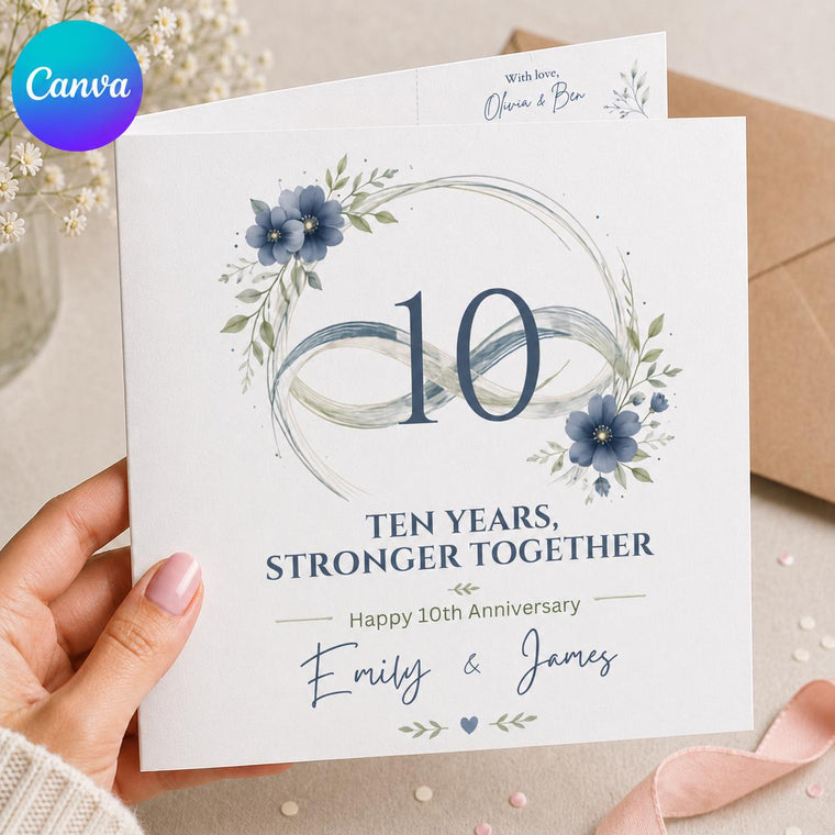 Blue Floral 10th Anniversary Greeting Card