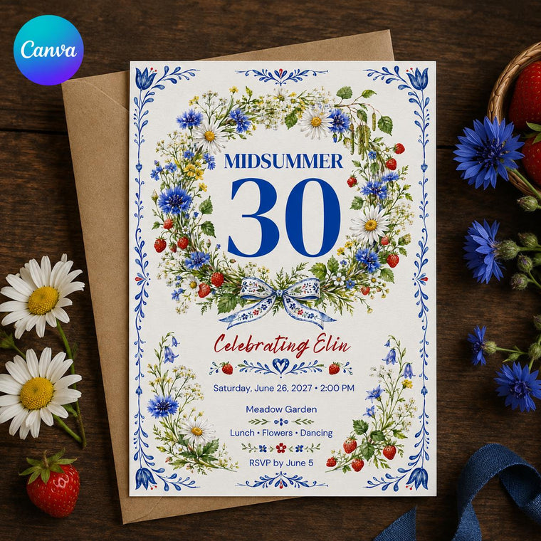 Blue Floral 30th Birthday Invitation