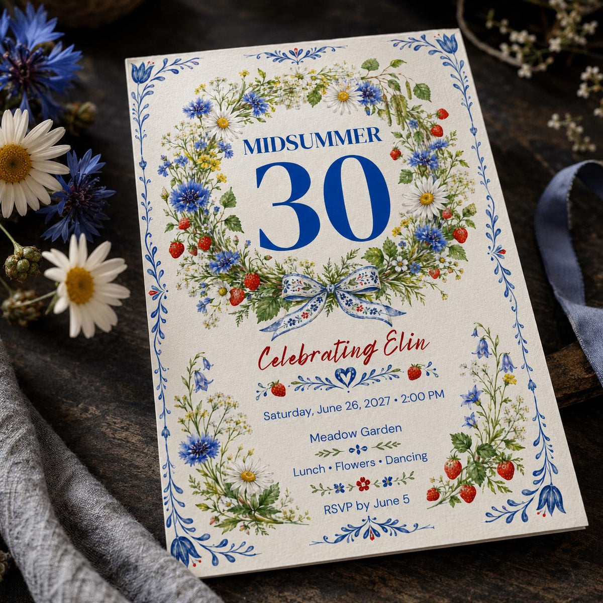 Blue Floral 30th Birthday Invitation — digital invitation, instant download