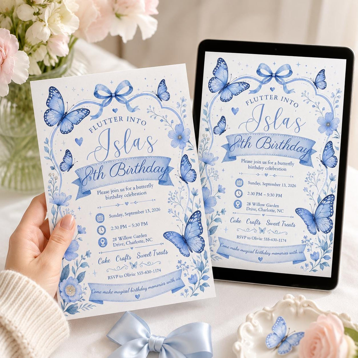 Blue Floral Butterfly 8th Birthday Invitation for Girls — 8th birthday party stationery by VoltBy