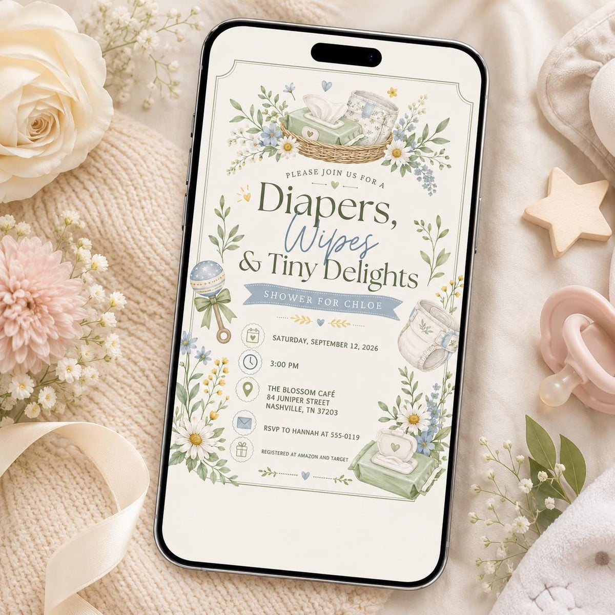 Blue Floral Diapers Wipes and Tiny Delights Baby Shower Invitation — baby shower stationery by VoltBy