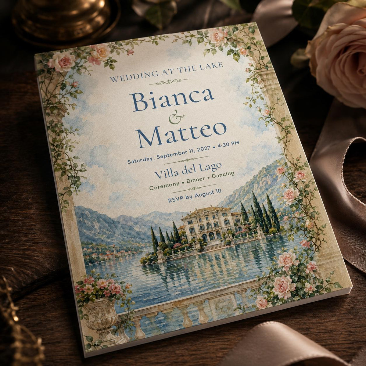 Blue Floral Italian Lake Wedding Invitation — wedding stationery by VoltBy