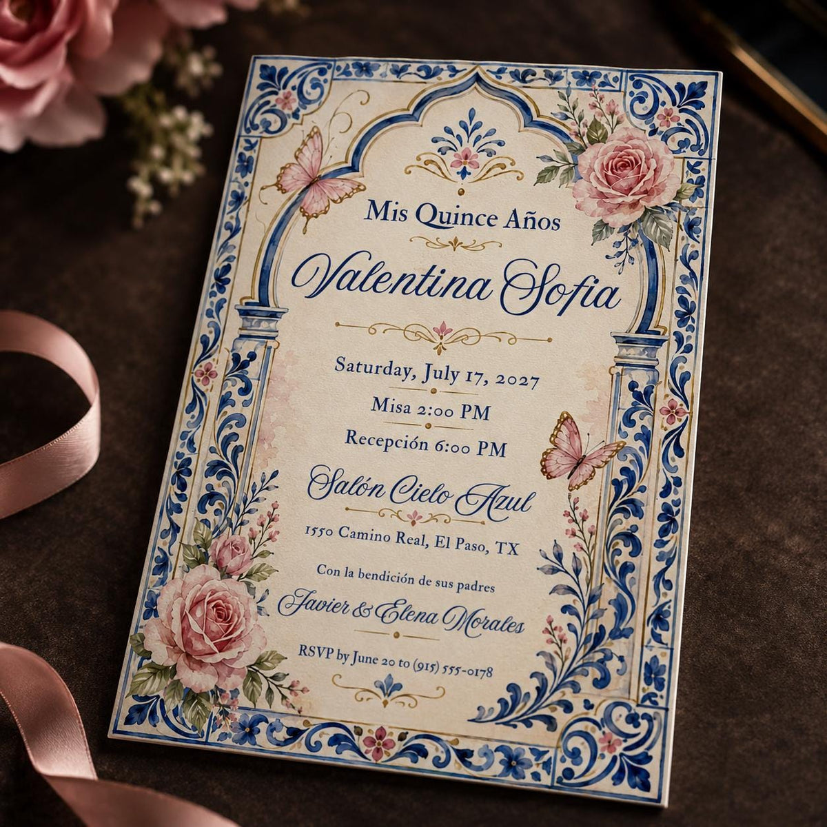 Blue Floral Quinceañera Invitation — digital invitation, instant download
