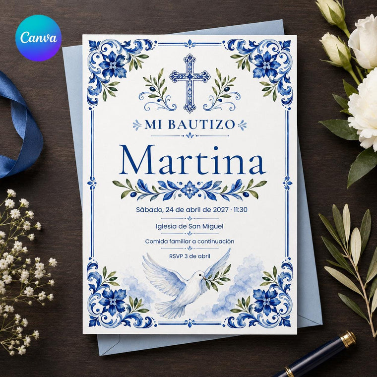 Blue Floral Spanish Baptism Invitation: Catholic Christening