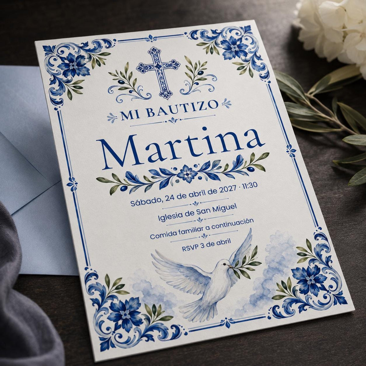 Blue Floral Spanish Baptism Invitation: Catholic Christening — baptism stationery by VoltBy