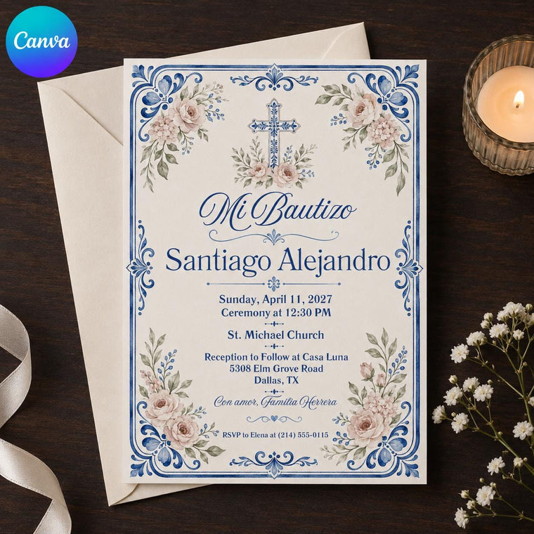 Blue Floral Spanish Baptism Invitation: Mi Bautizo Blue Floral Cross Christening