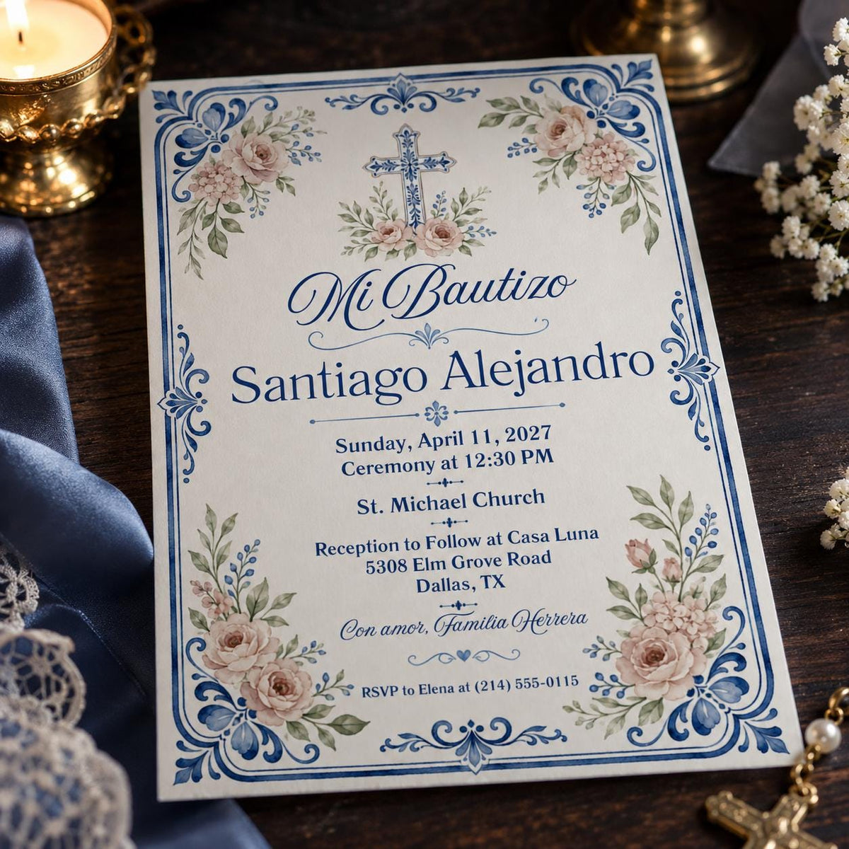 Blue Floral Spanish Baptism Invitation: Mi Bautizo Blue Floral Cross Christening — baptism stationery by VoltBy