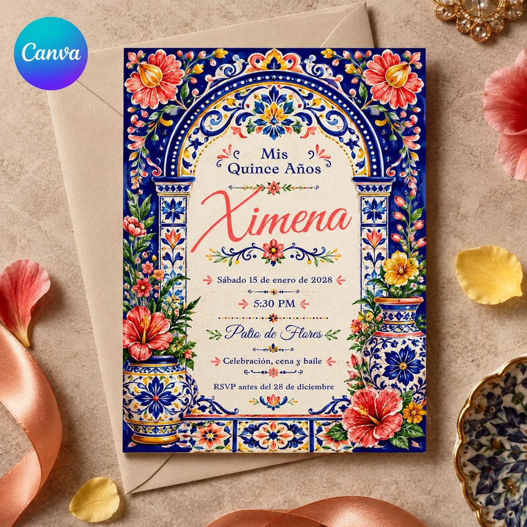 Blue Floral Talavera Quinceanera Invitation