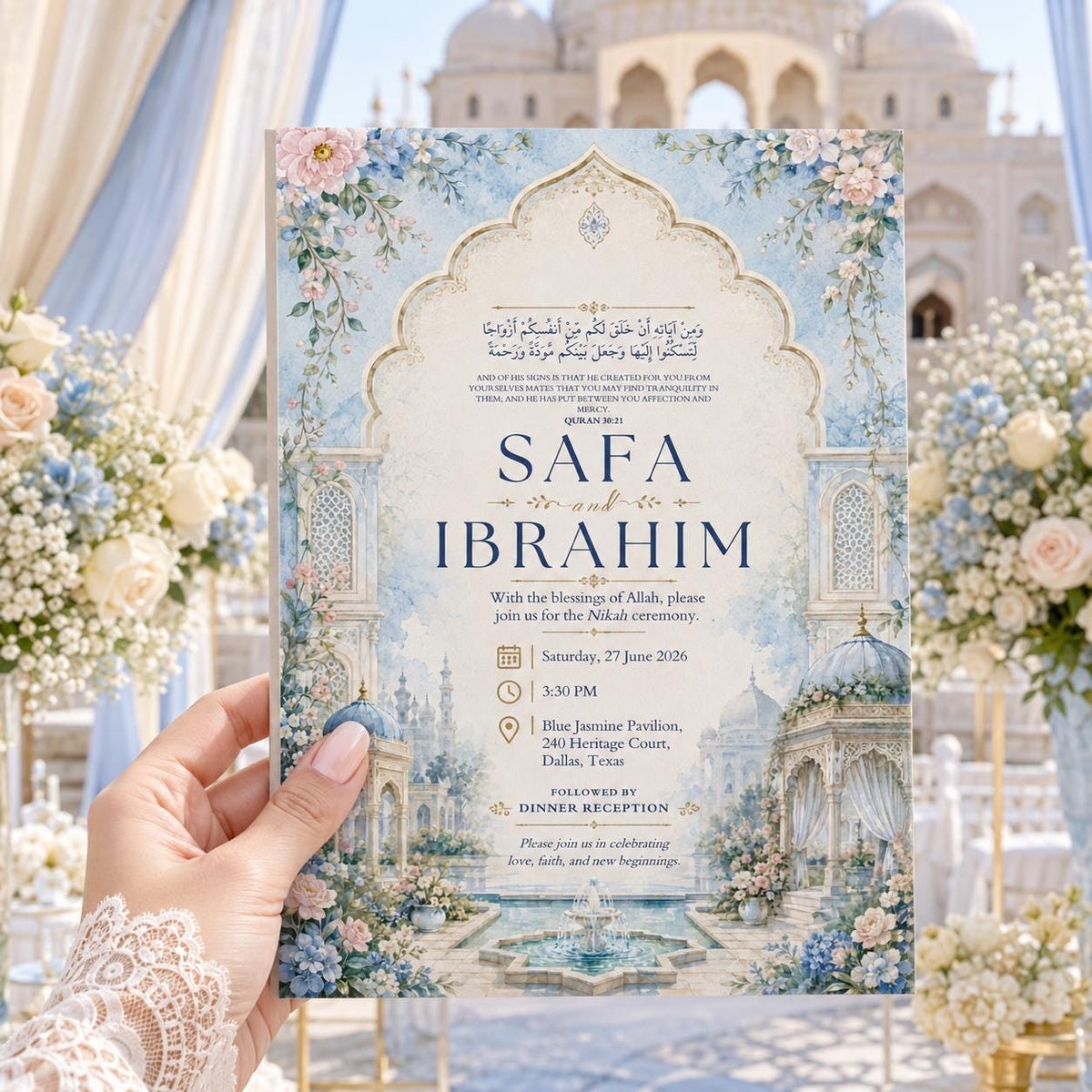 Blue Garden Palace Nikah Invitation — digital invitation, instant download