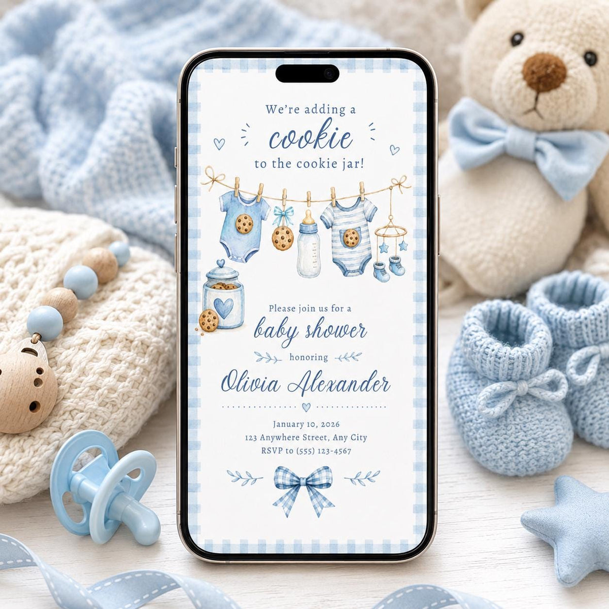 Blue Gingham Cookie Baby Shower Invitation for Boys — baby shower stationery by VoltBy