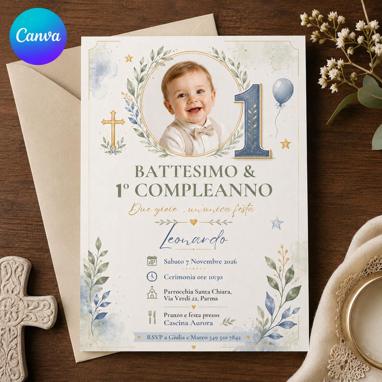 Blue Italian Baptism First Birthday Invitation for Boys