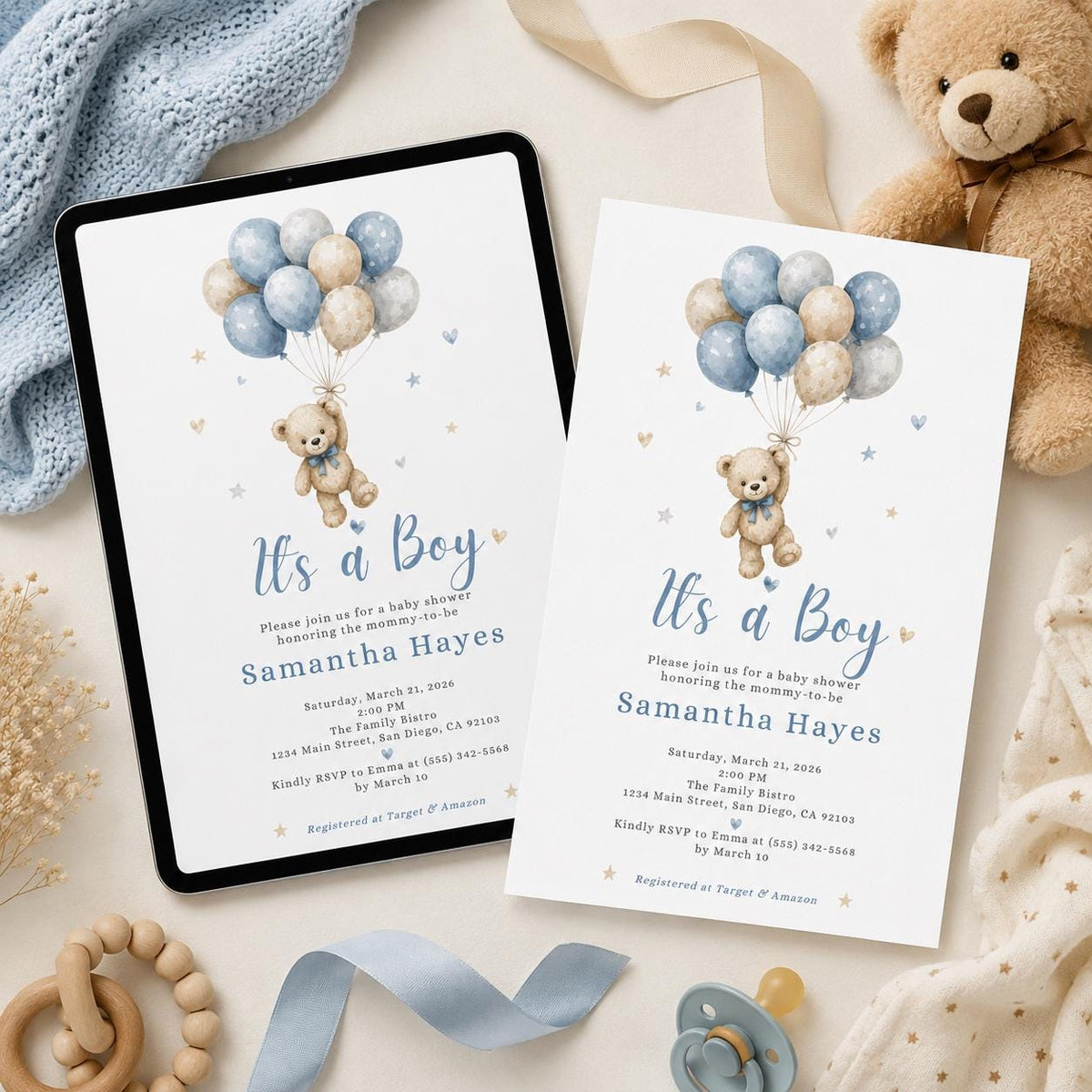 Blue It's a Boy Baby Shower Invitation — digital invitation, instant download