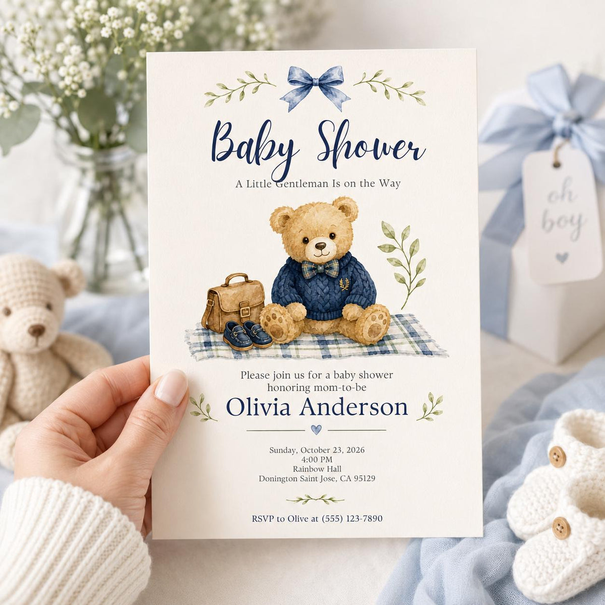 Blue Little Gentleman Baby Shower Invitation for Boys — digital invitation, instant download