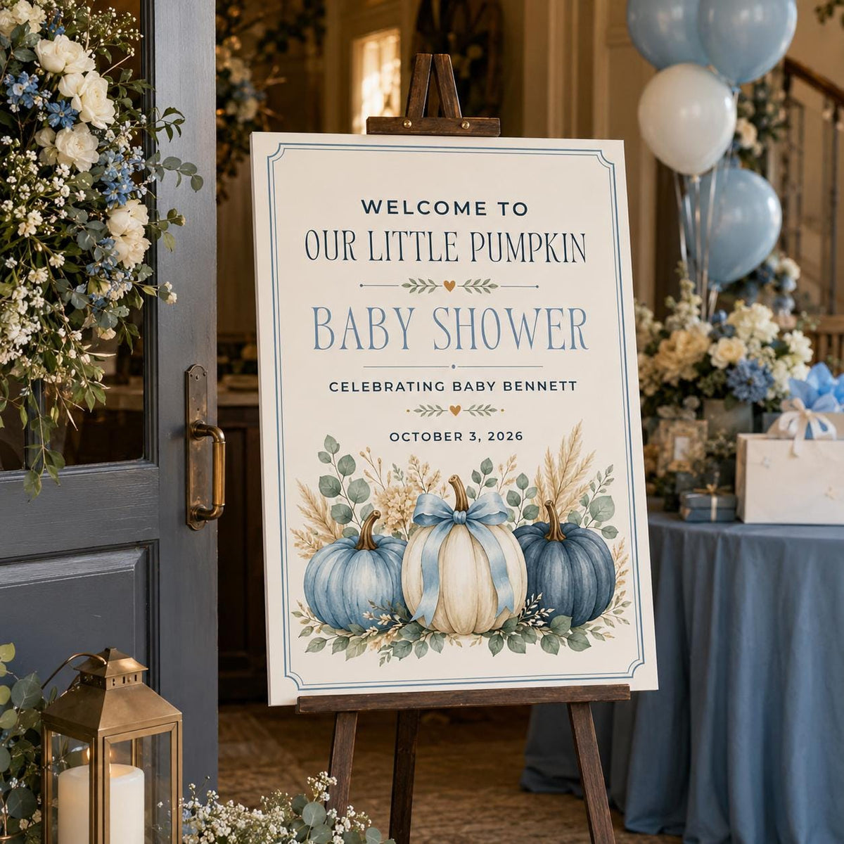 Blue Little Pumpkin Baby Shower Welcome Sign — baby shower stationery by VoltBy