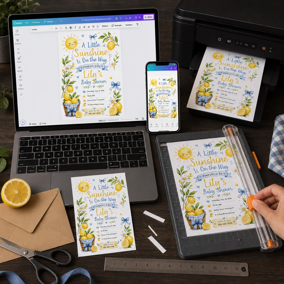 Blue Little Sunshine Baby Shower Invitation — digital invitation, instant download