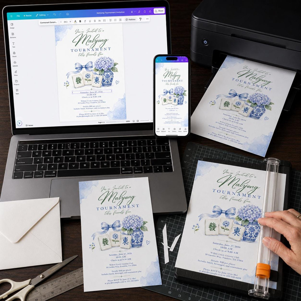 Blue Mahjong Tournament Invitation: Blue Hydrangea Chinoiserie Game Night — digital invitation, instant download