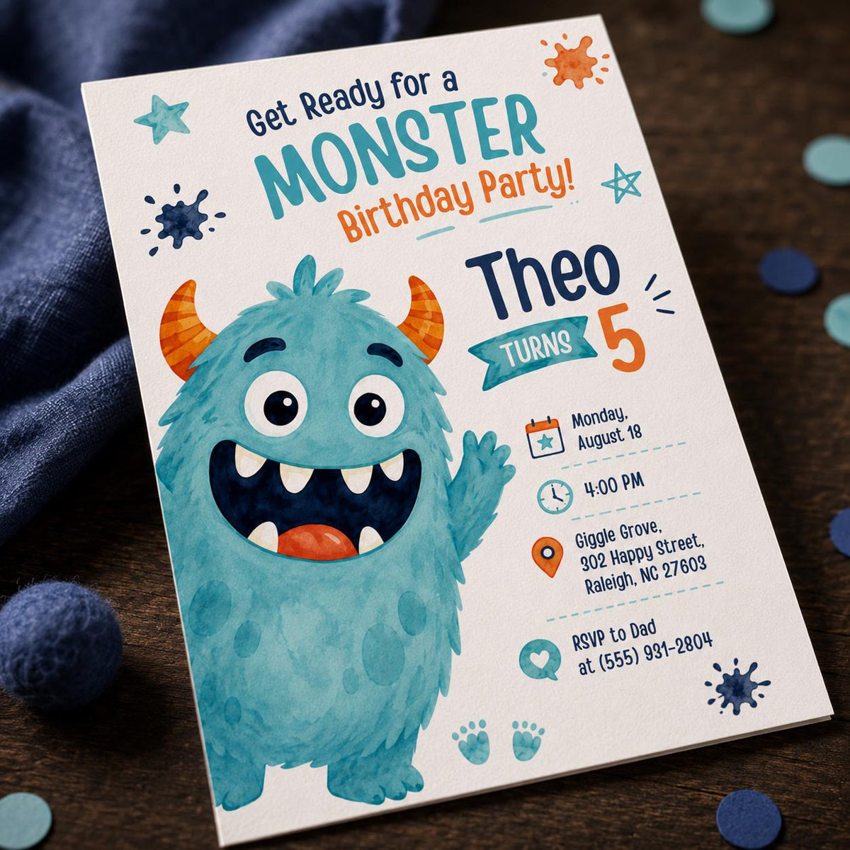 Blue Monster 5th Birthday Invitation for Boys — 5th birthday party stationery by VoltBy
